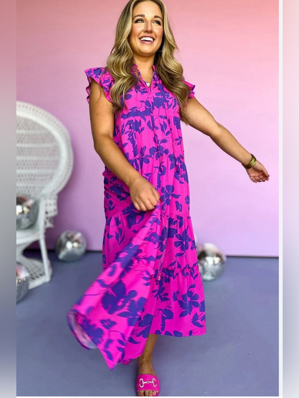 Bright Floral Midi Dress in Fuchsia and Deep Purple
